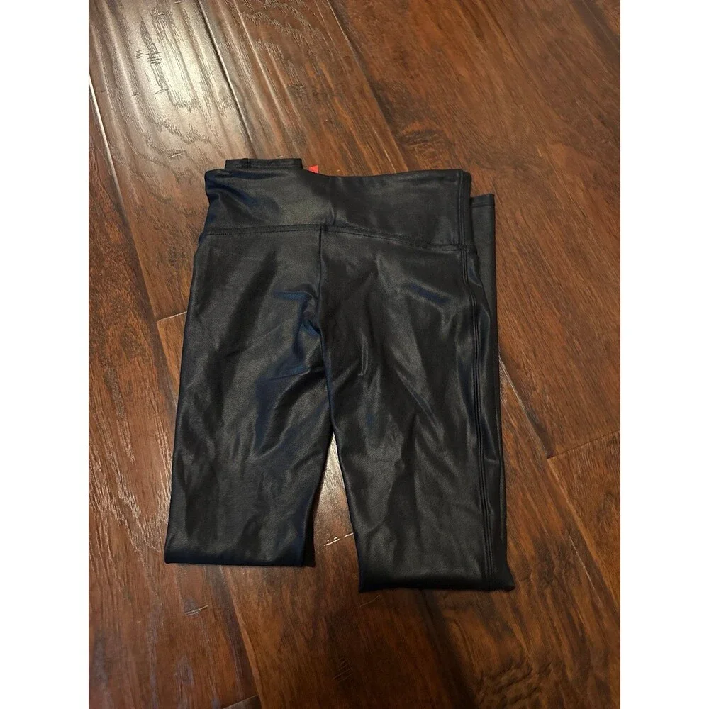 Spanx Black Faux Leather Leggings Sz S | High Waist, Shiny Leather Look